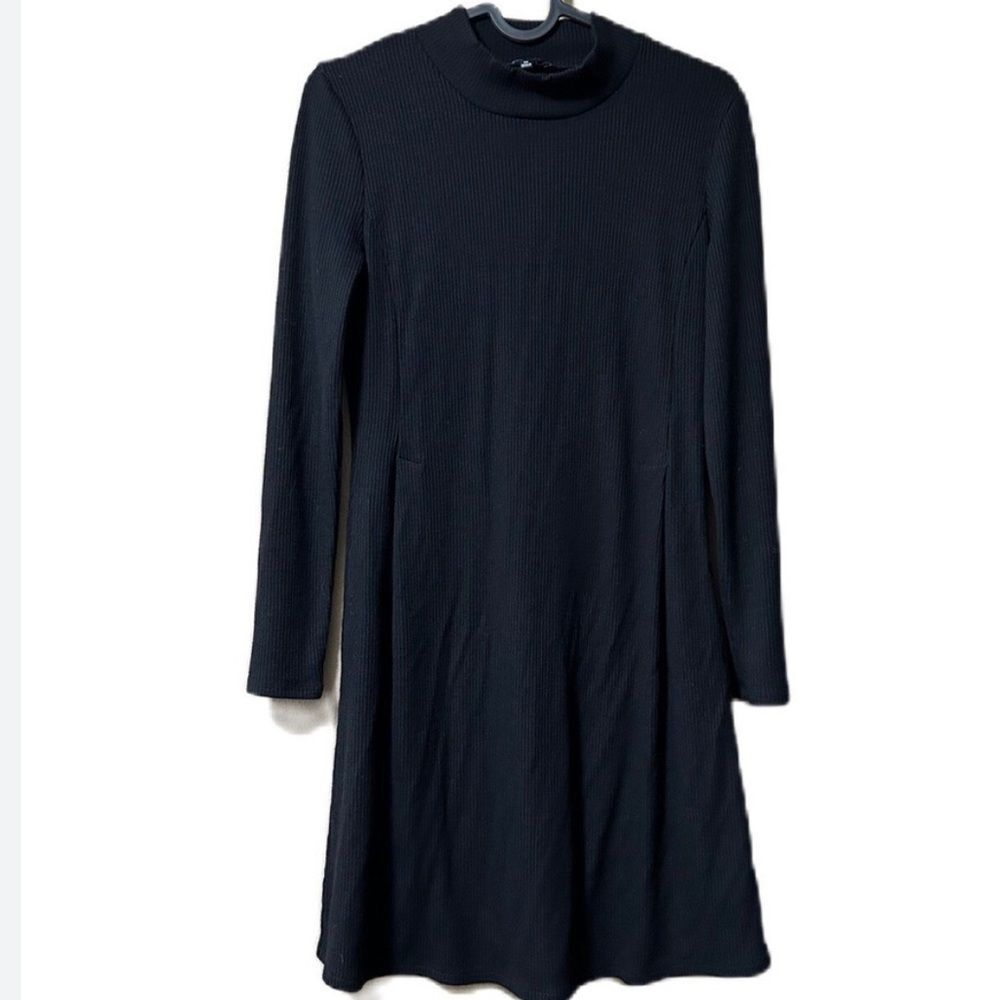 Madewell Ribbed Knit High Neck Long Sleeve Sweater Dress Stretch Fitted Black XS